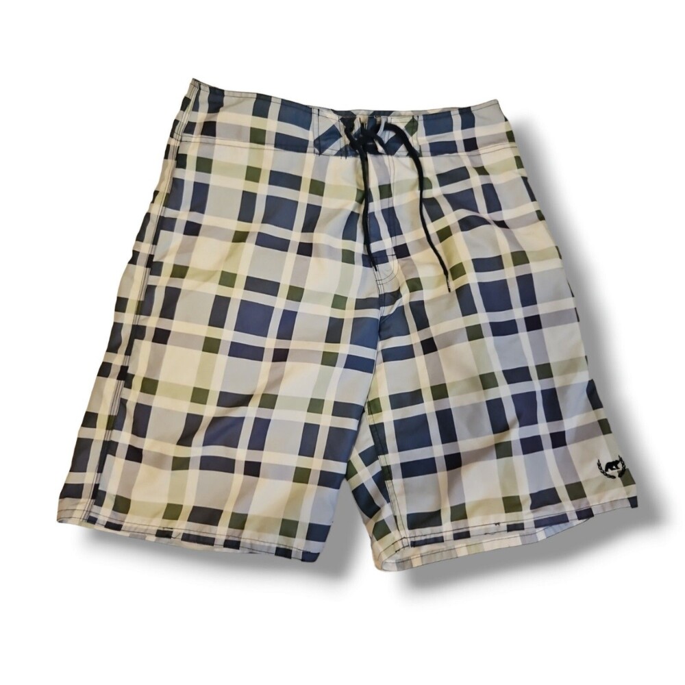 EZEKIEL Board Shorts White Blue Green Plaid Swim Trunks Mens Size 34